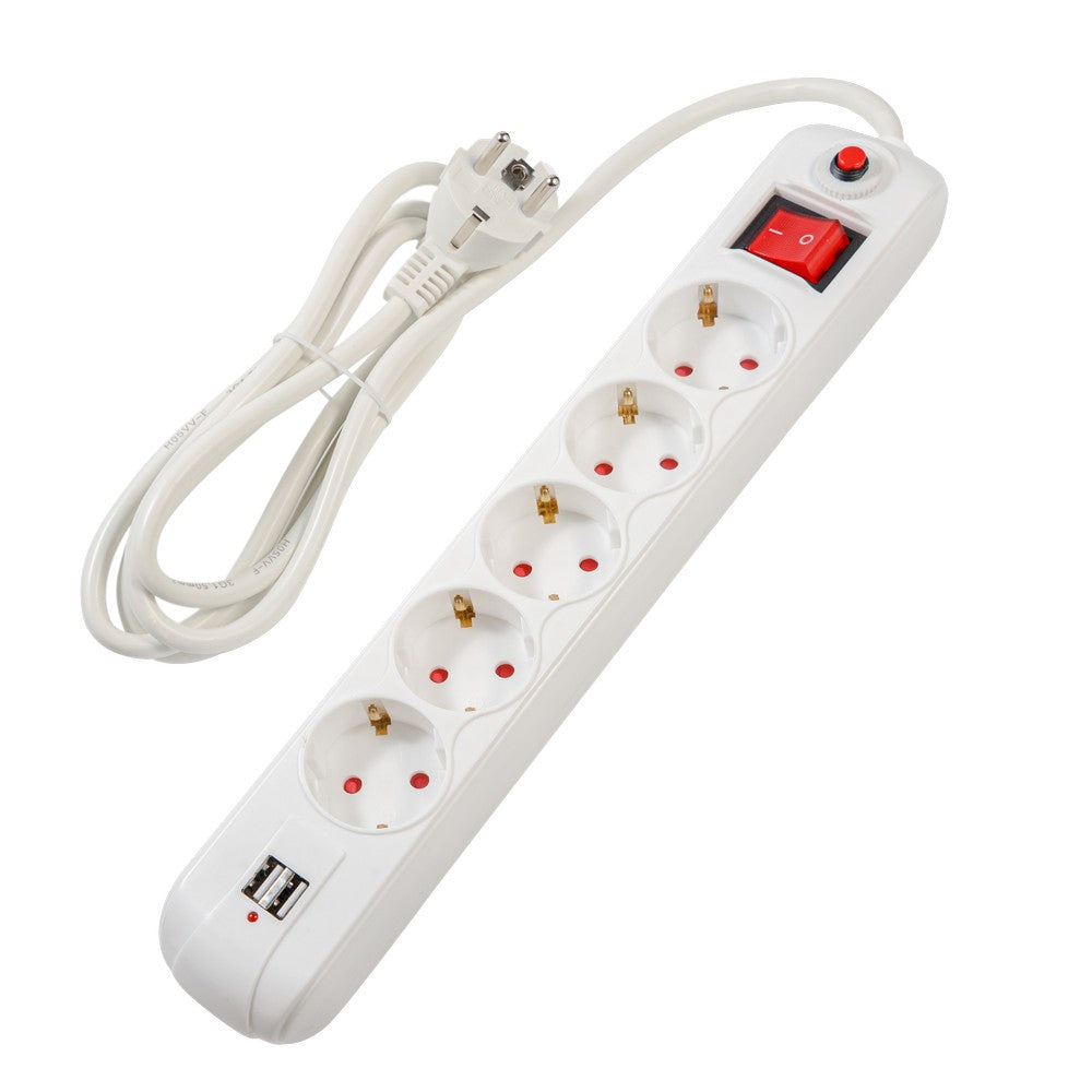 PRELUNGITOR SPACER, Schuko x 5, conectare prin Schuko (T), USB x 2, cablu 3 m, 16 A, max. 3500W, protectie supratensiune, alb, "PP-5-30 USB"/45505960