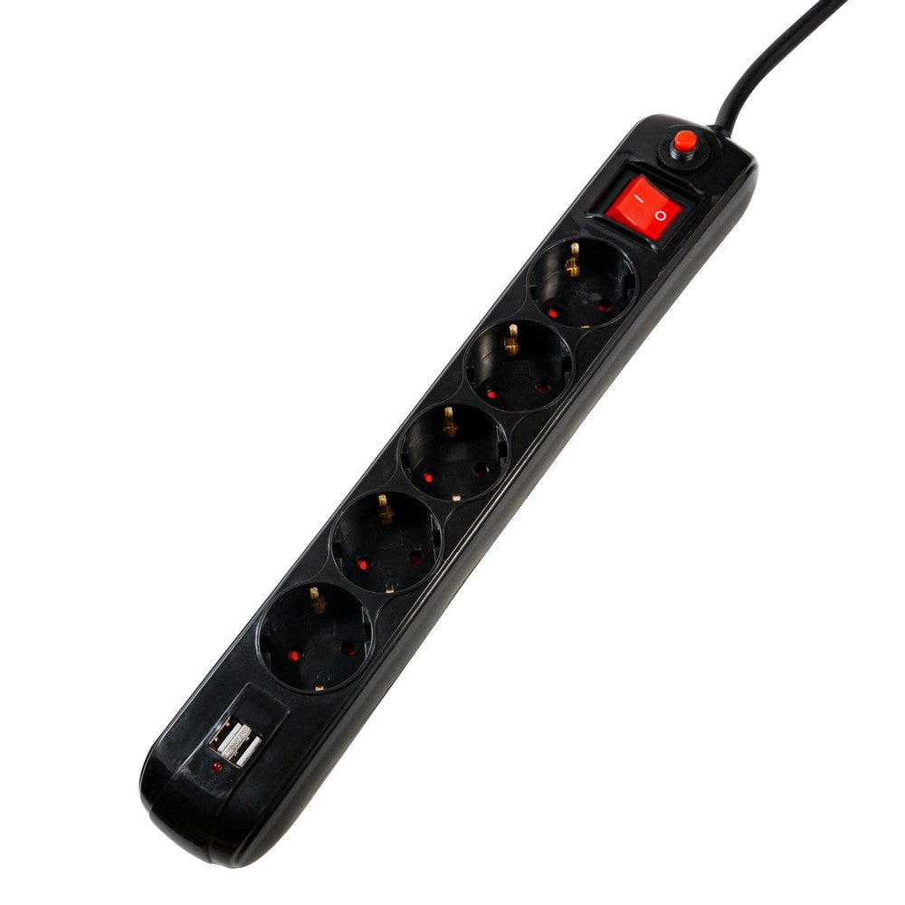 PRELUNGITOR SPACER, Schuko x 5, conectare prin Schuko (T), USB x 2, cablu 4.5 m, 16 A, max. 3500W, protectie supratensiune, Negru, "PP-5-45B-USB"