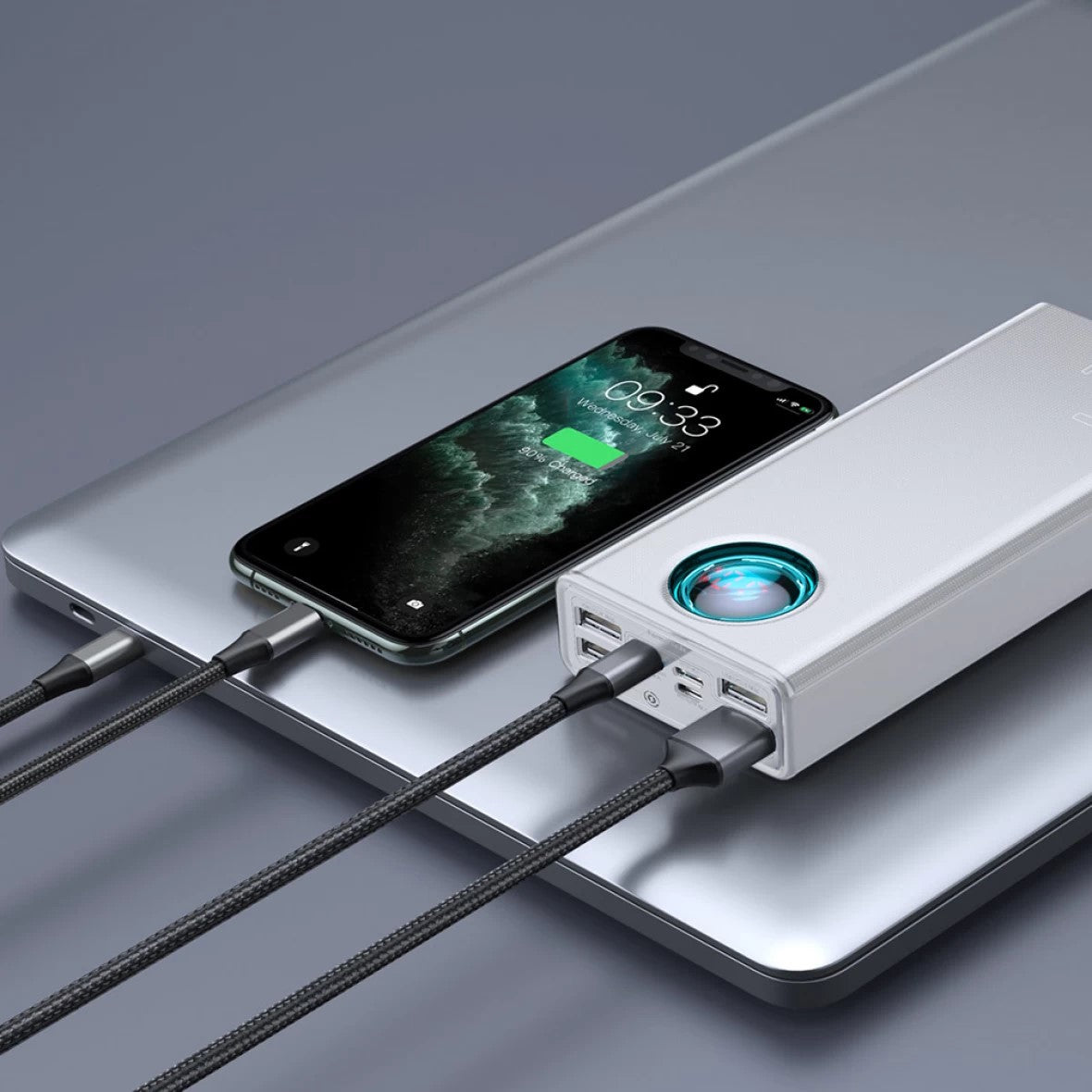 POWER BANK Baseus Ambilight, 30000mAh, PD 3.0 65W, 4 x USB; 1 x USB Type-C, digital display pt. status baterie, total 3A, alb, "PPLG000102" - 6932172613617