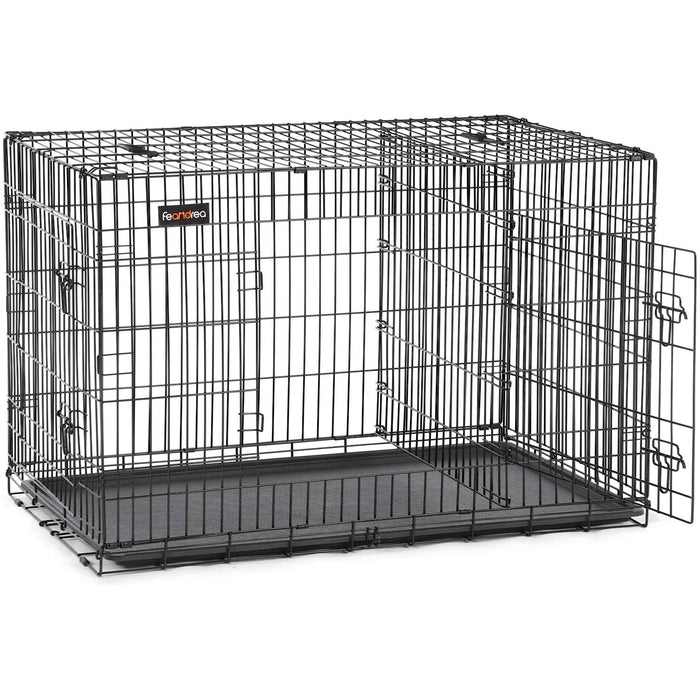 FEANDREA Cusca pentru animale, 2 usi, perete separator, pliabila din metal, XXL, 122x75x81cm, negru - BazarOltenia