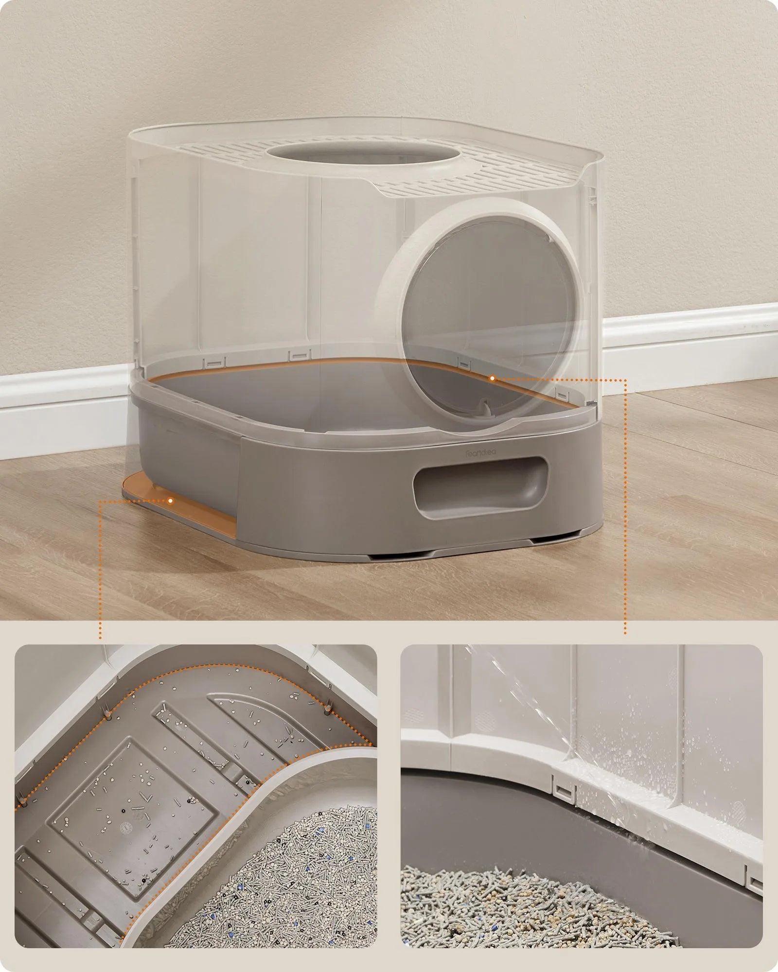 FEANDREA Litiera pentru pisici XXL cu capac, tava extensibila si accesorii incluse, din plastic PP, 54x43x40 cm, gri deschis
