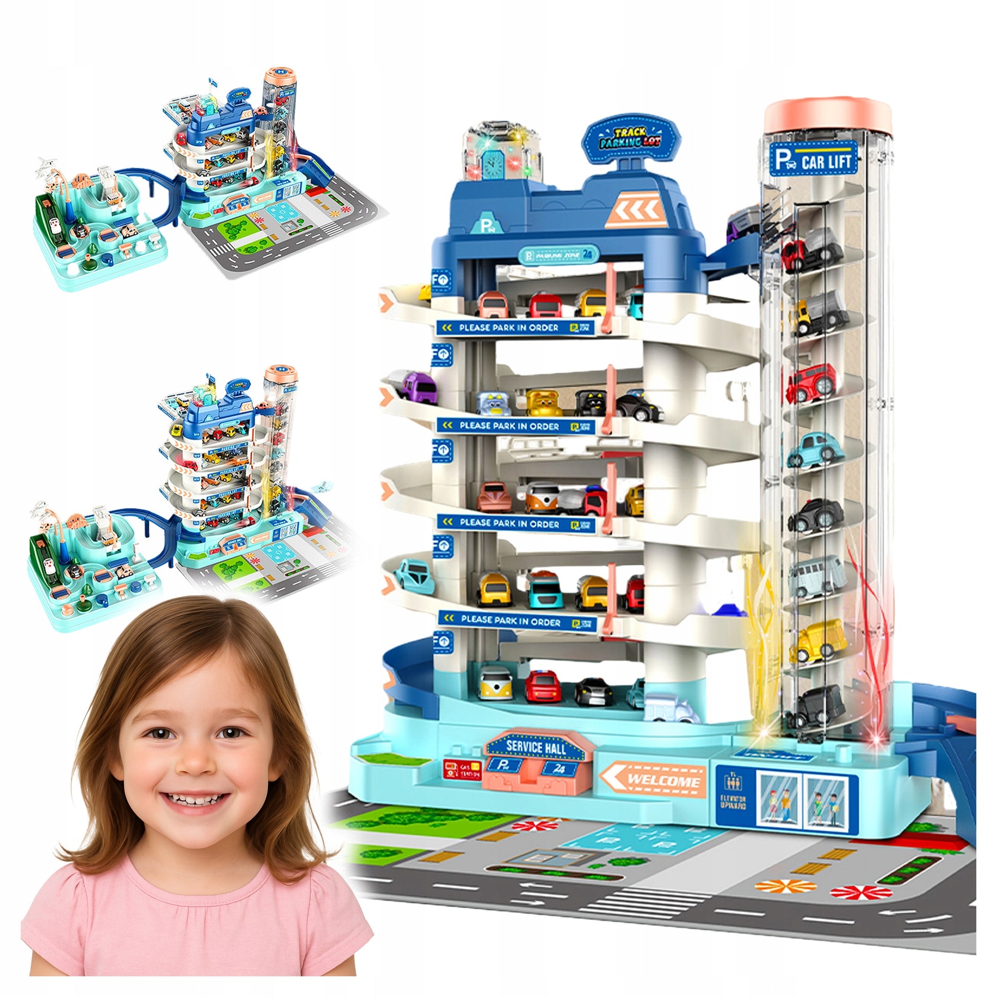 Garaj auto pentru copii cu parcare multipla, lift electric, masini incluse, cu pista, 30x30x25 cm - 5