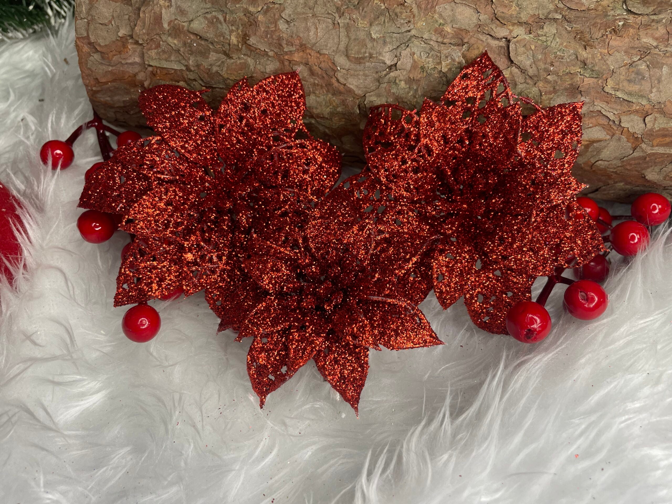 Set 10 ornamente pentru bradul de Craciun, stea Poinsettia, 10cm, rosu