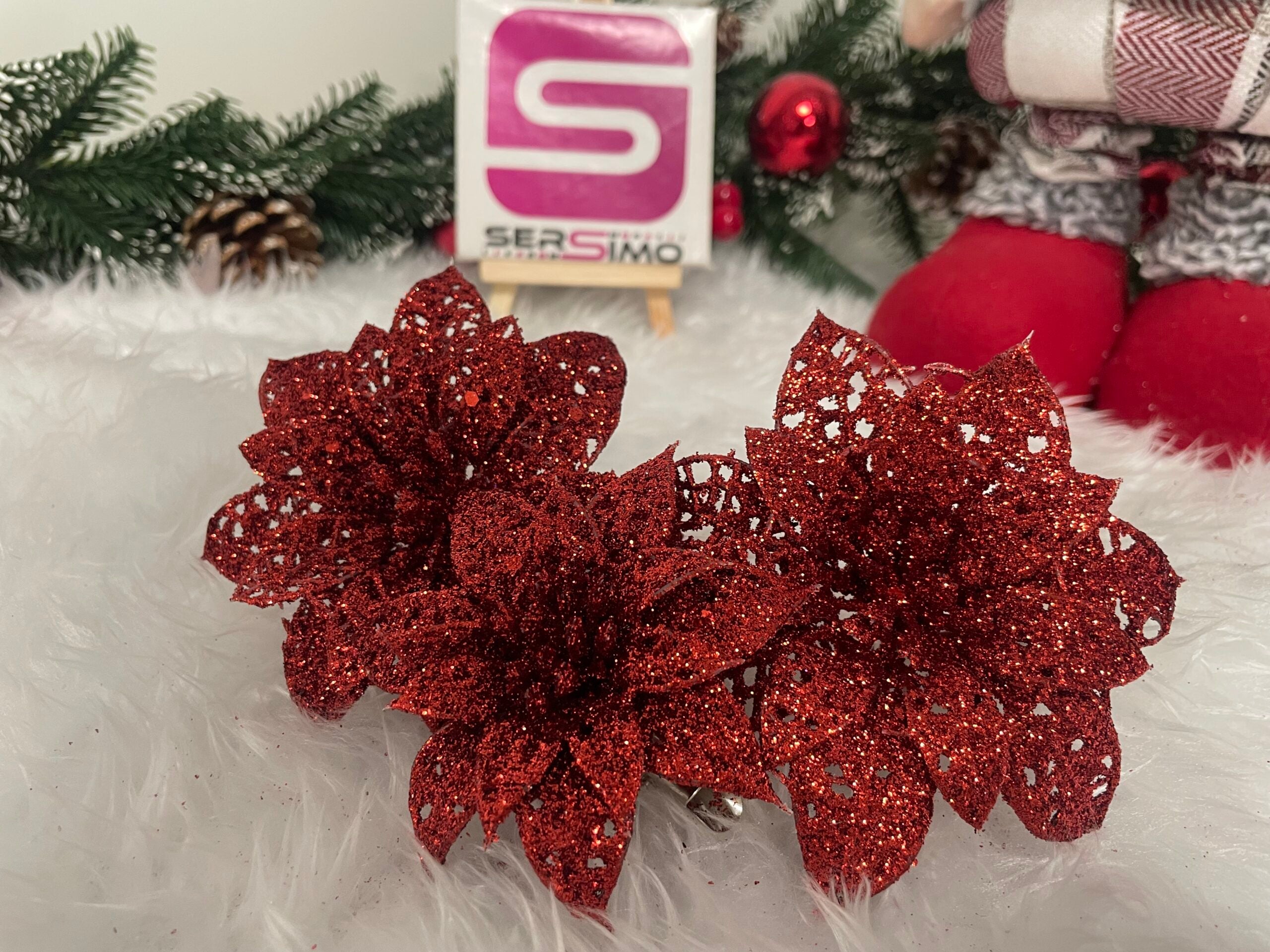Set 10 ornamente pentru bradul de Craciun, stea Poinsettia, 10cm, rosu