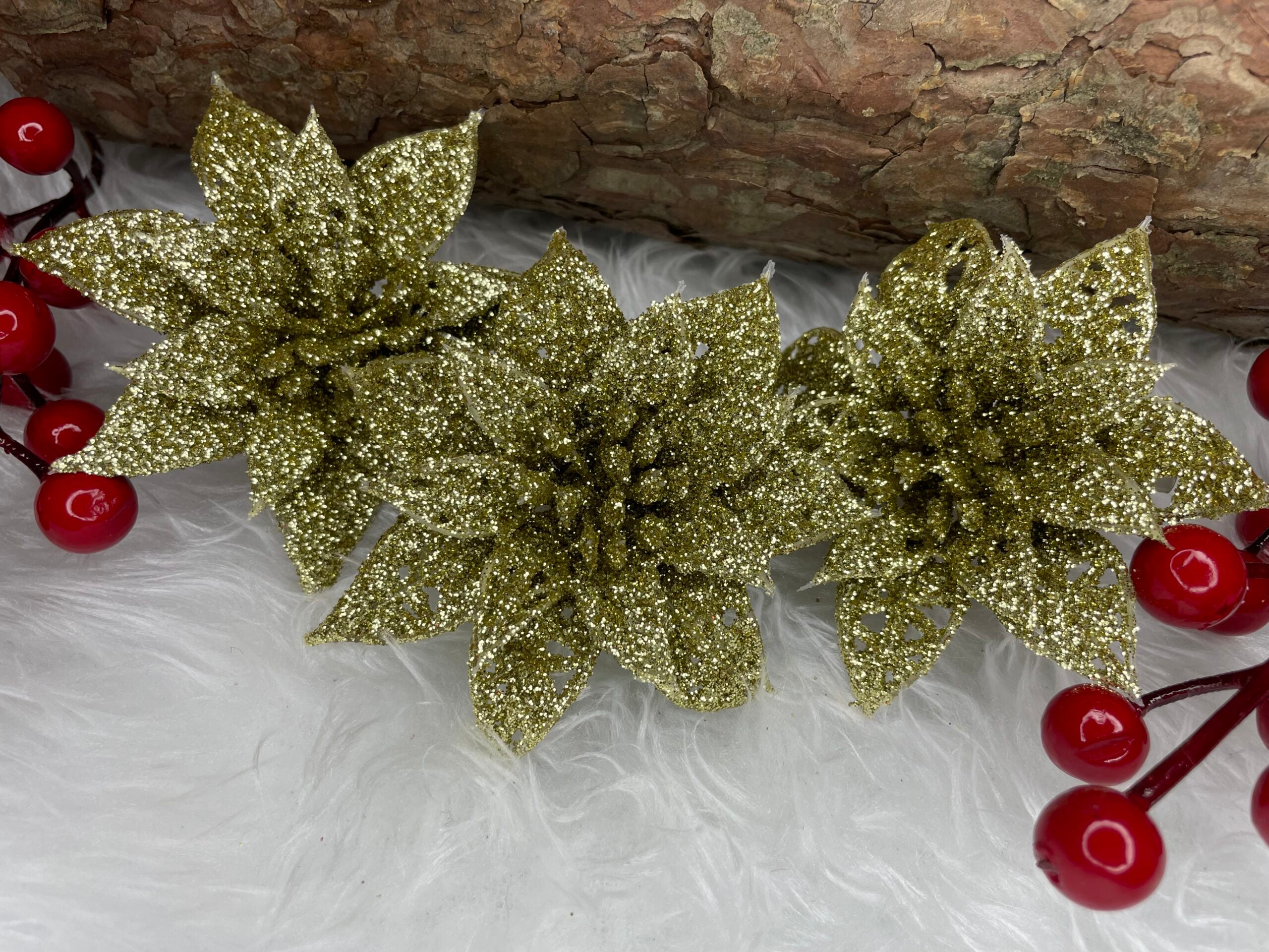 Set 10 ornamente pentru bradul de Craciun, stea Poinsettia, 14cm, auriu