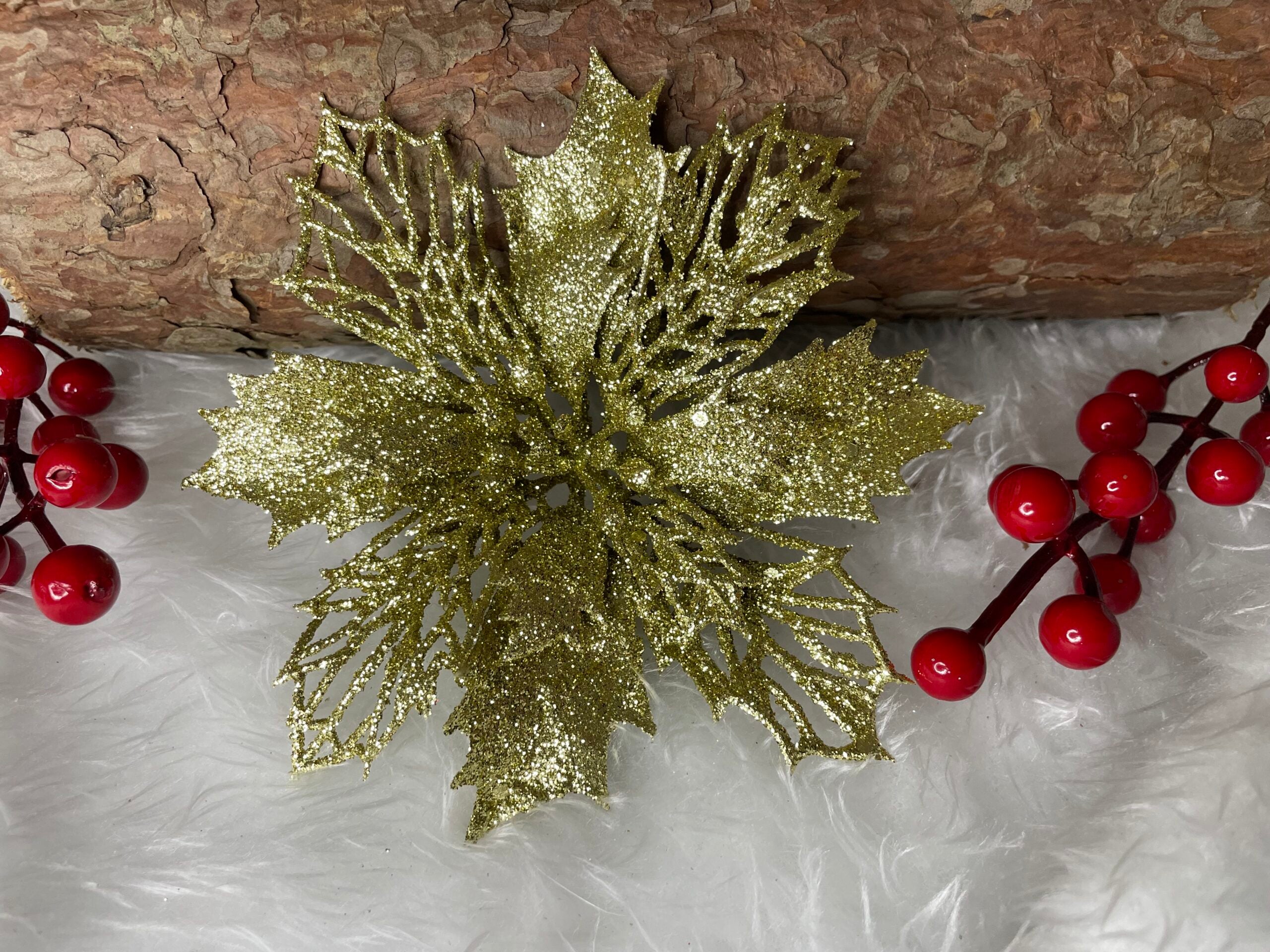Set 10 ornamente pentru bradul de Craciun, stea Poinsettia, 16cm, galben auriu