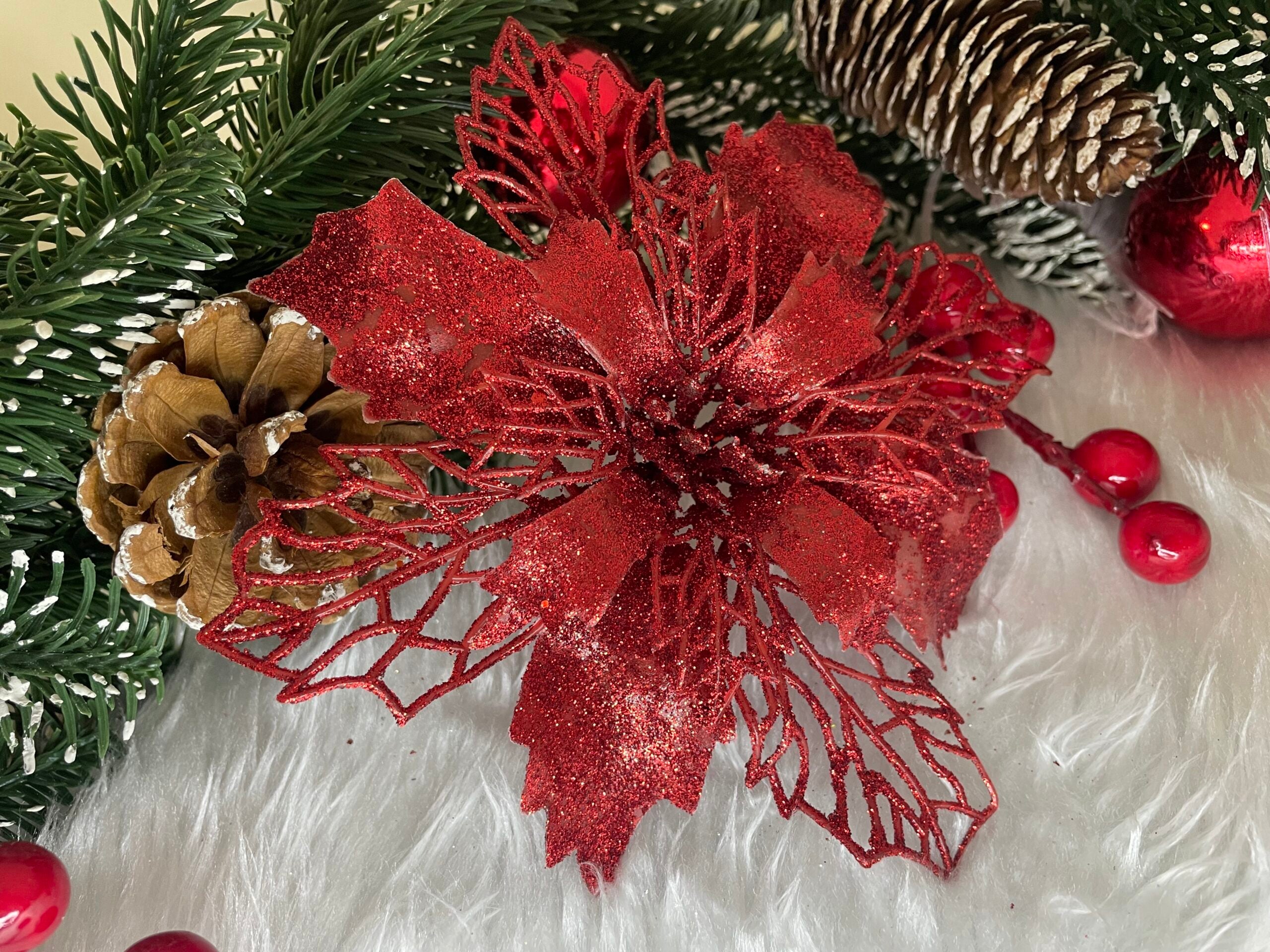 Set 10 ornamente pentru bradul de Craciun, stea Poinsettia, 16cm, visiniu