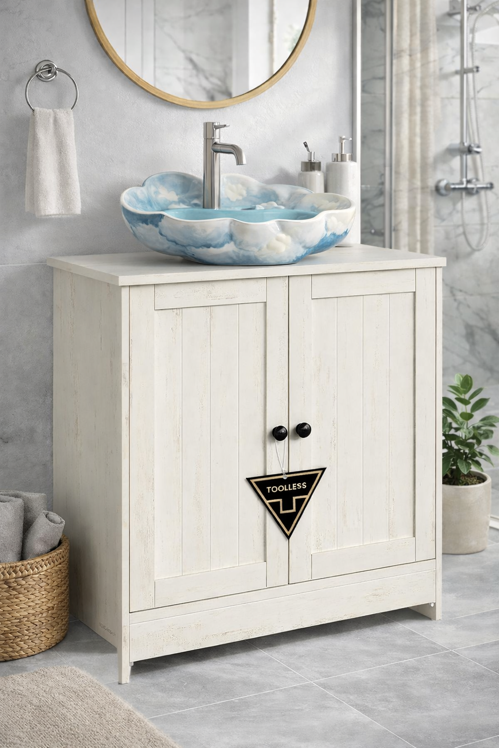 SONGMICS Masca baie pentru chiuveta, suport lavoar, raft reglabil, stil rustic modern, 60x30x61 cm, alb rustic