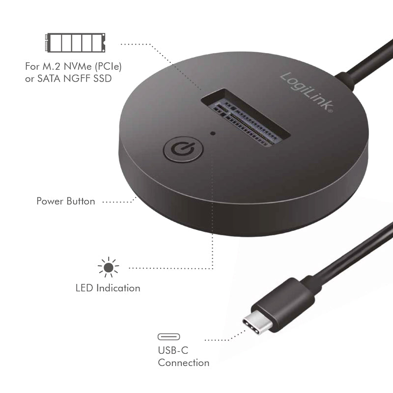 Adaptor USB Logilink, M.2 NVMe (PCIe) / SATA (NGFF) la USB 3.2 Gen 2, viteza max 10 Gb/s, negru 