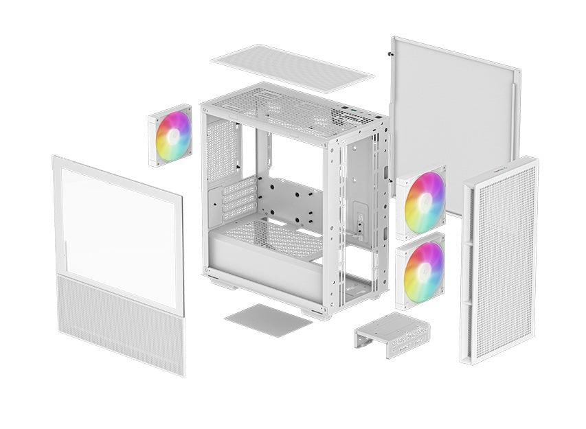 CARCASA DeepCool "CH360 WH", Mini Tower, ATX, fara sursa, 3xfan, USB 3.2 gen 1 x 1, USB 2.0 x 2, audio, PSU shroud,4 sloturi expansiune,iluminare ARGB,alb "R-CH360-WHAPE3-G-1"