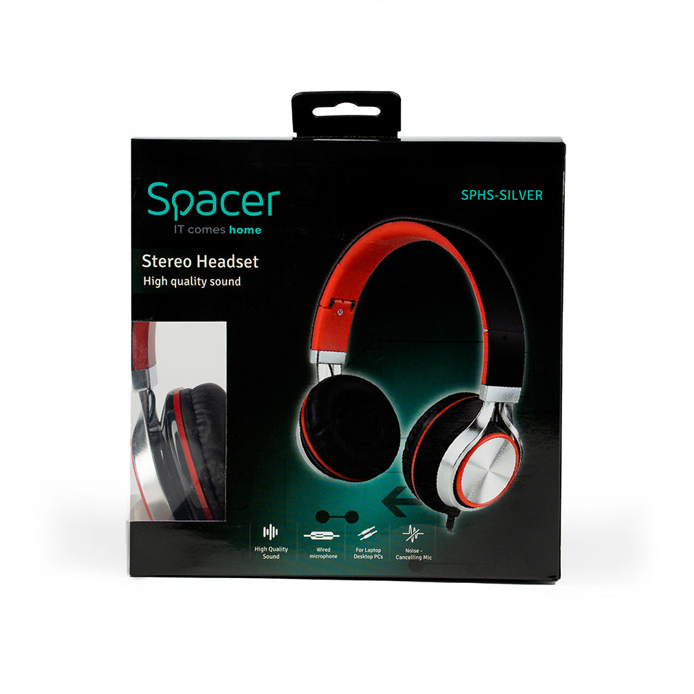 CASTI Spacer, cu fir, standard, utilizare multimedia, microfon pe fir, pliabile, banda ajustabila, conectare prin Jack 3.5 mm x 2, rosu&amp;negru, "SPHS-SILVER"