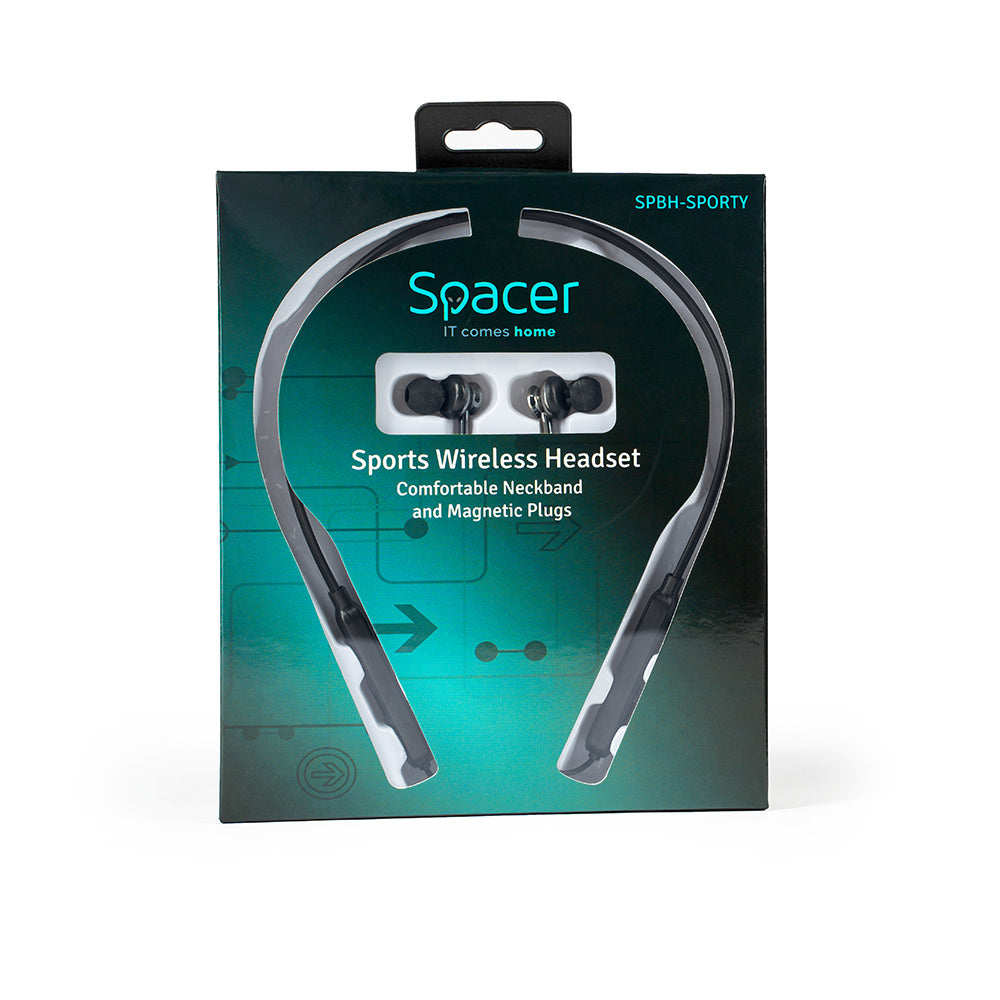 CASTI Spacer, wireless, intraauriculare cu fir de legatura si prindere magnetica, pt smartphone, microfon pe fir, conectare prin Bluetooth 5.0, negru, "SPBH-SPORTY"