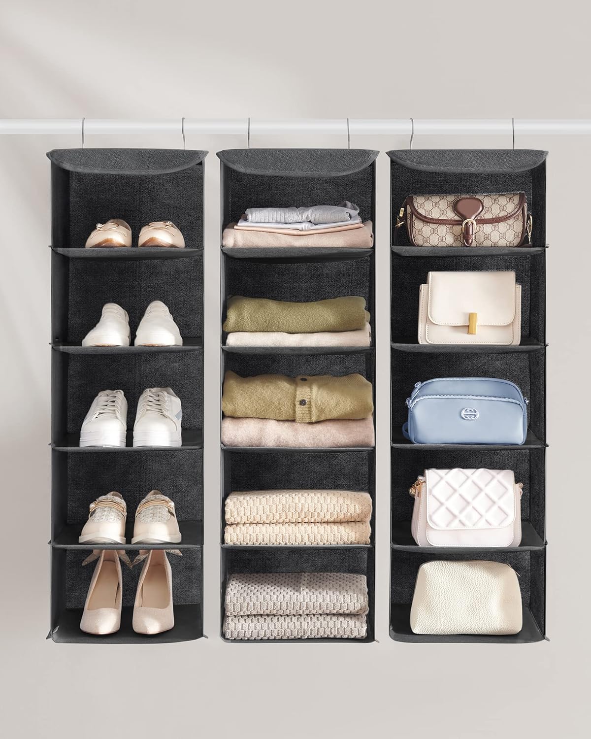 SONGMICS Set 2 bucati organizatoare suspendate pentru dulap, 5 rafturi, pliabil, 30x30x90 cm, gri