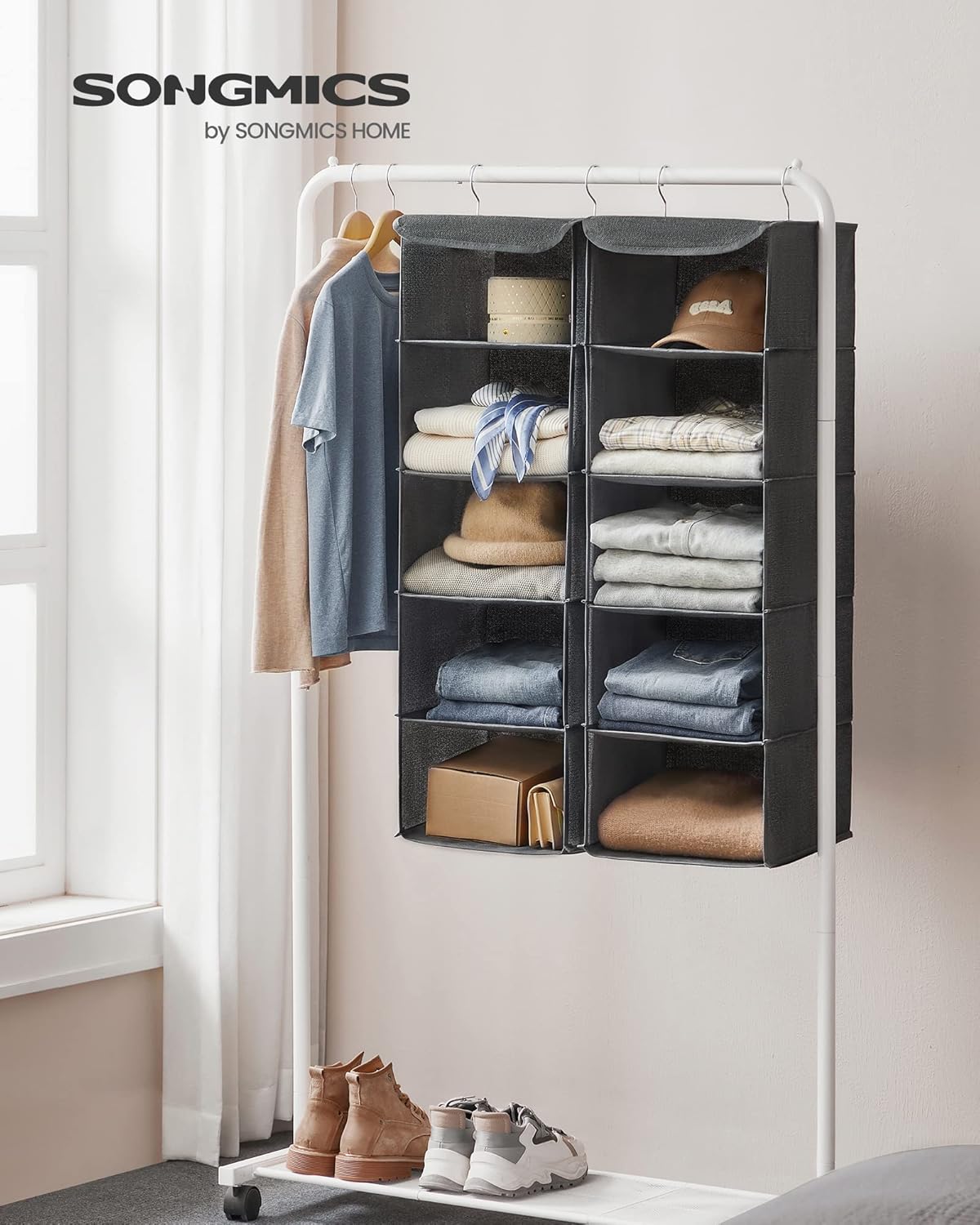 SONGMICS Set 2 bucati organizatoare suspendate pentru dulap, 5 rafturi, pliabil, 30x30x90 cm, gri