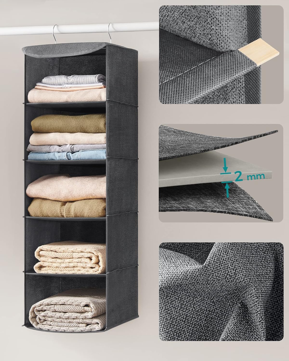 SONGMICS Set 2 bucati organizatoare suspendate pentru dulap, 5 rafturi, pliabil, 30x30x90 cm, gri