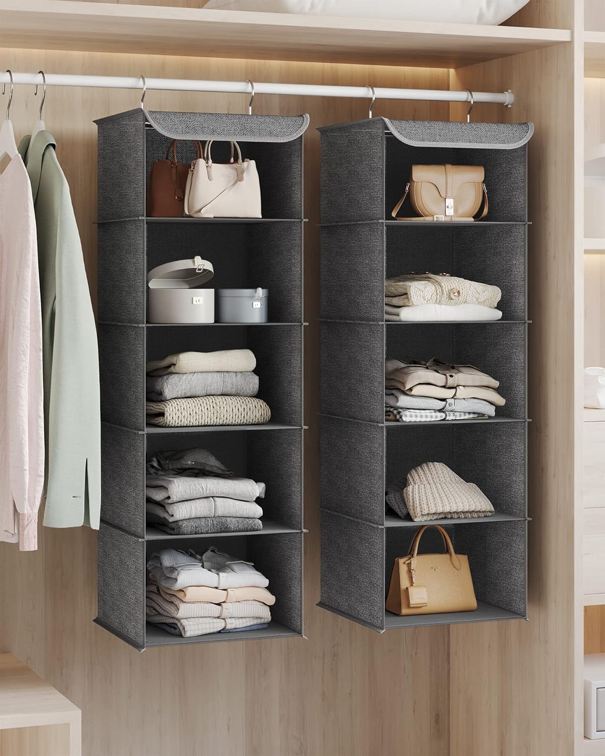 SONGMICS Set 2 bucati organizatoare suspendate pentru dulap, 5 rafturi, pliabil, 30x30x90 cm, gri