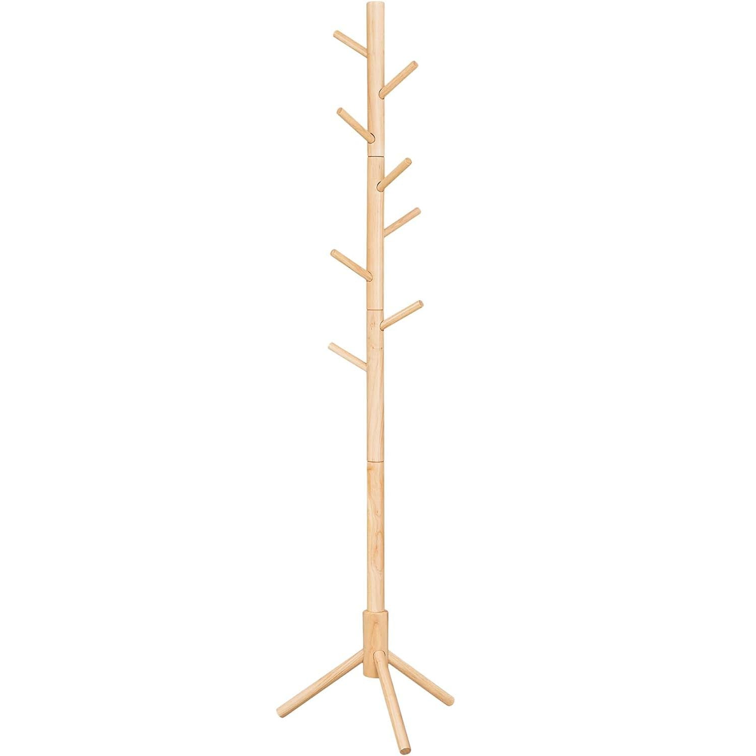 VASAGLE Cuier lemn masiv 47x47x175 cm, 8 carlige si inaltime reglabila, baza triunghiulara, natur