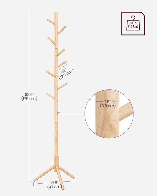 VASAGLE Cuier lemn masiv 47x47x175 cm, 8 carlige si inaltime reglabila, baza triunghiulara, natur - 2