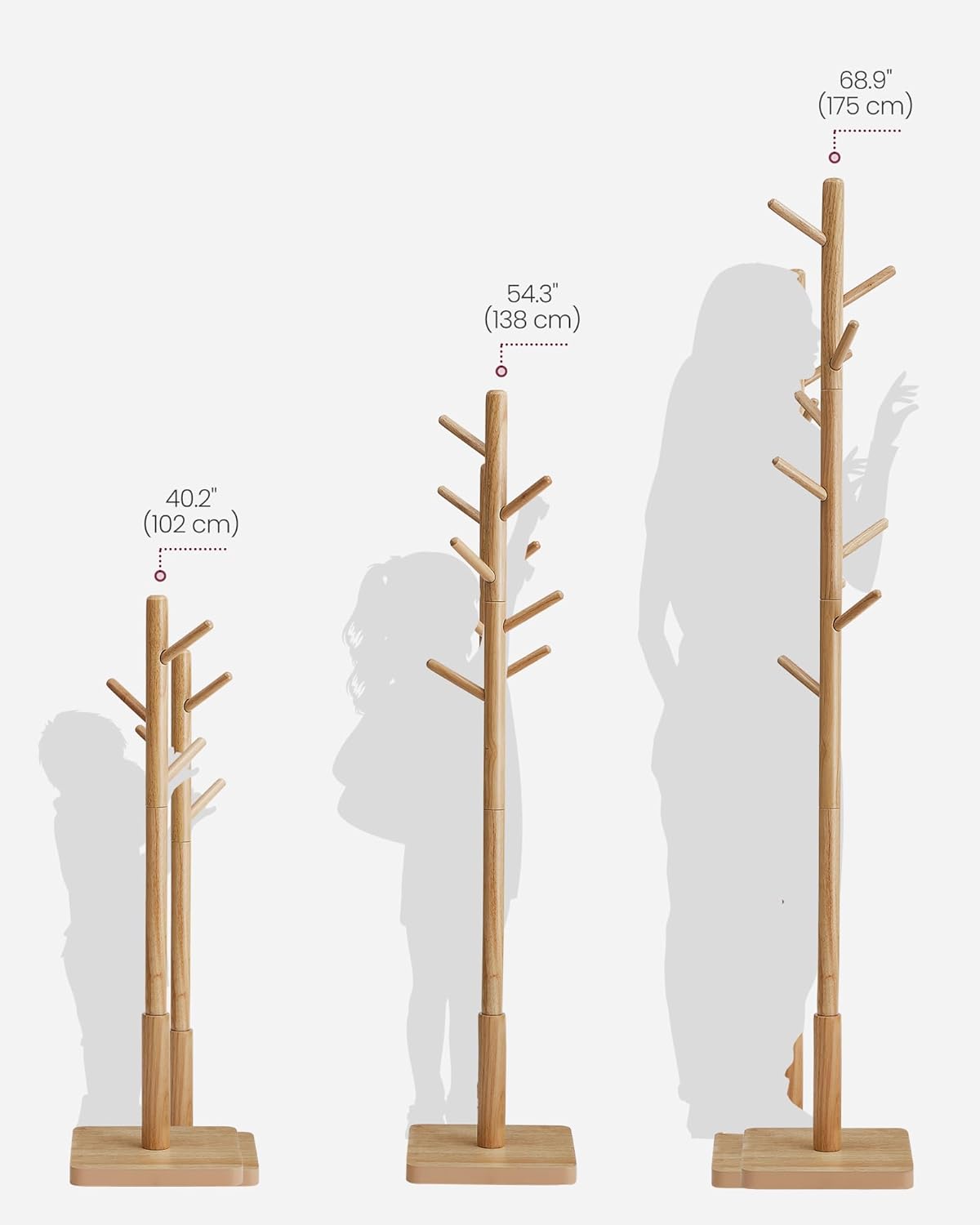 VASAGLE Cuier tip copac din lemn masiv, cu 8 carlige si baza patrata, 30x30x176 cm, bej natural