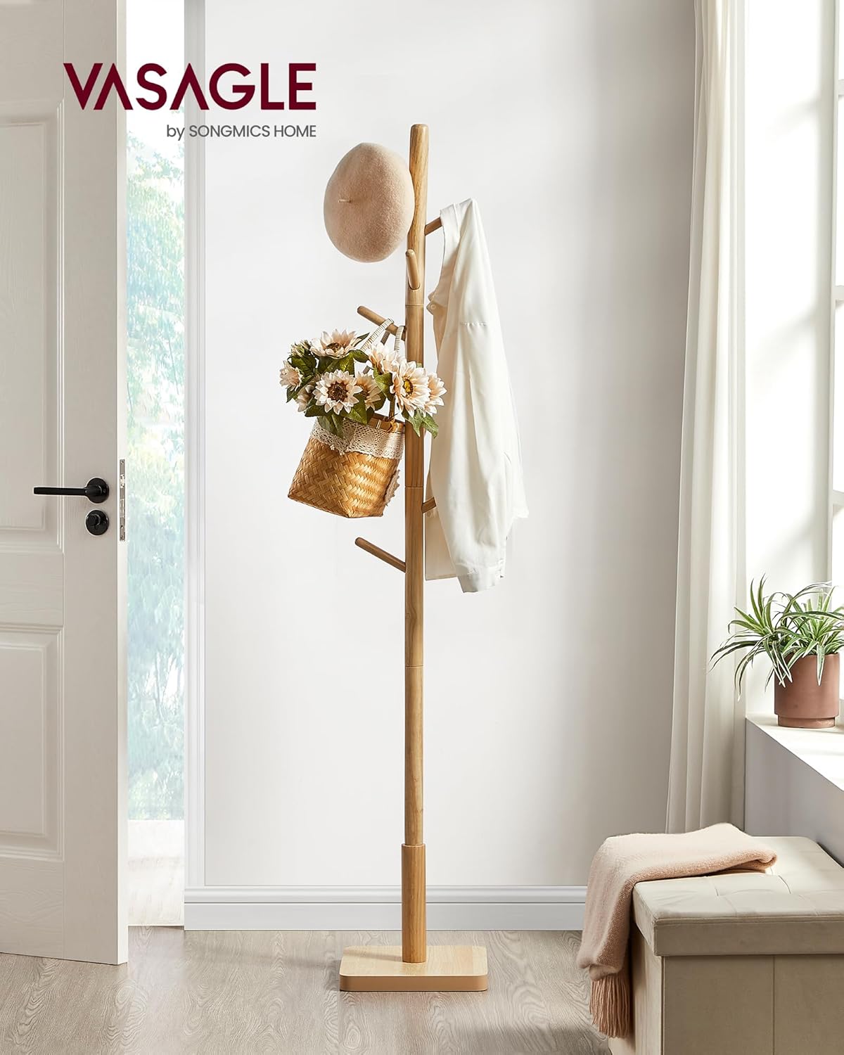 VASAGLE Cuier tip copac din lemn masiv, cu 8 carlige si baza patrata, 30x30x176 cm, bej natural