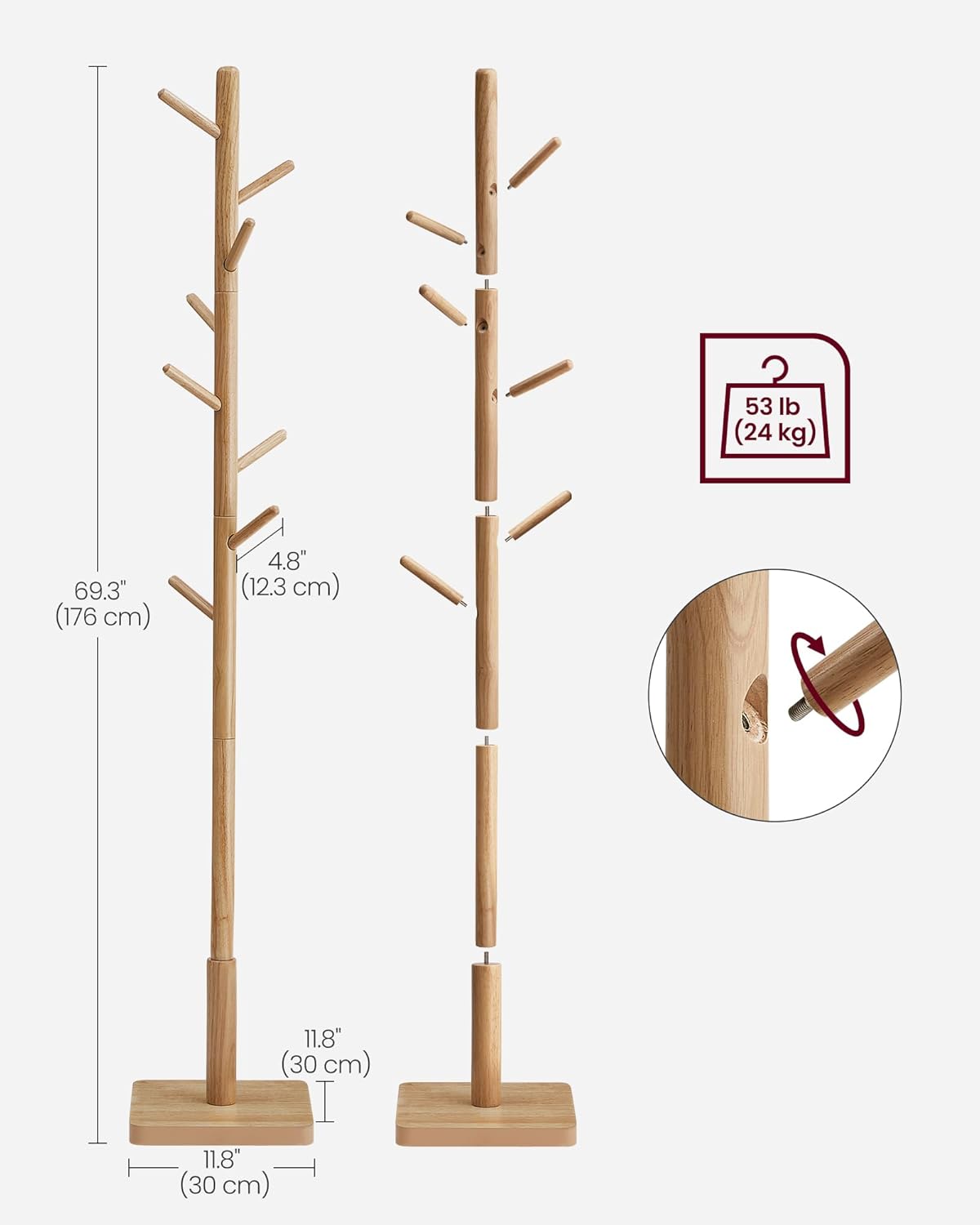 VASAGLE Cuier tip copac din lemn masiv, cu 8 carlige si baza patrata, 30x30x176 cm, bej natural