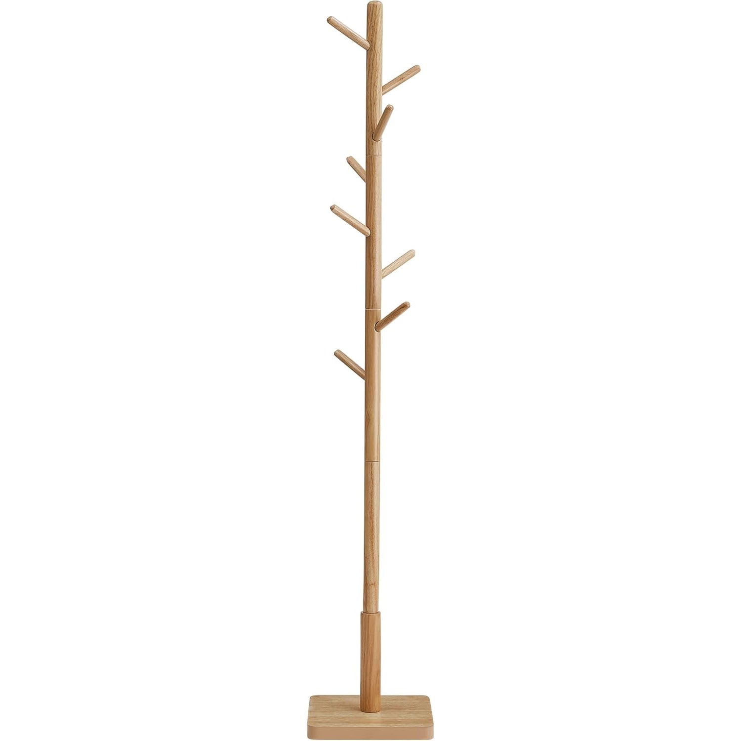 VASAGLE Cuier tip copac din lemn masiv, cu 8 carlige si baza patrata, 30x30x176 cm, bej natural