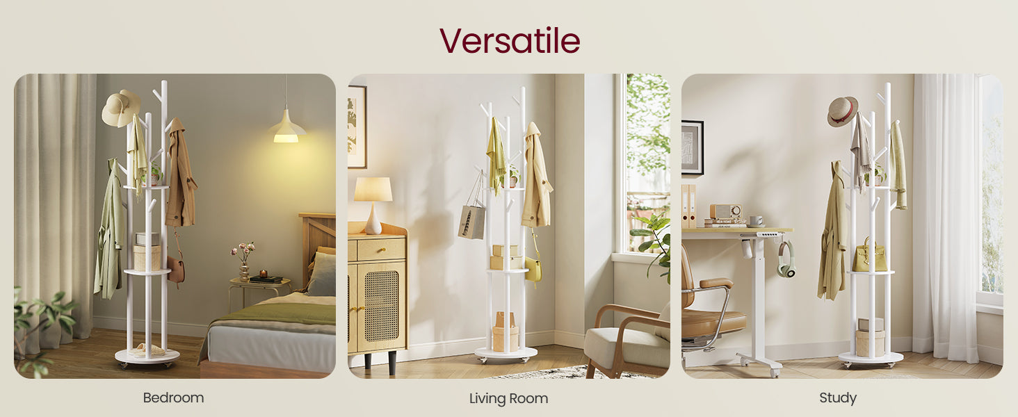 VASAGLE Cuier din lemn masiv, cu 11 agatatori si 3 rafturi, 4 roti detasabile rotative 360°, 40x40x175 cm, alb