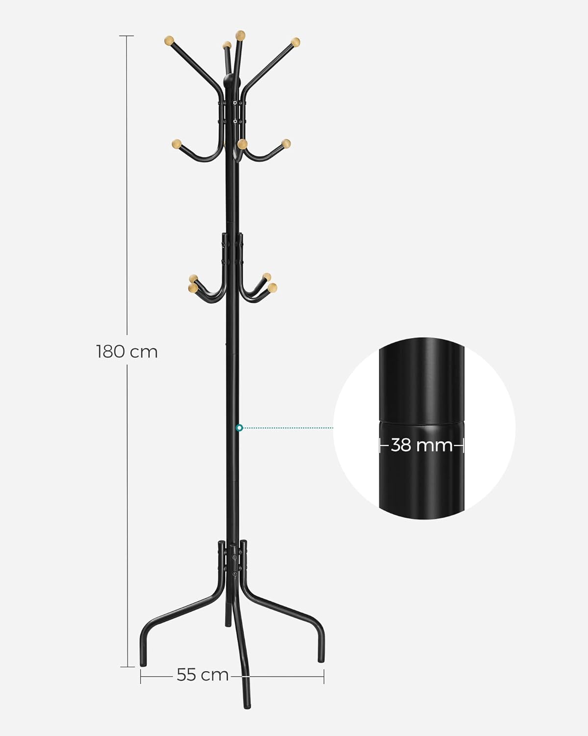 SONGMICS Cuier metalic cu 12 agatatori, suport haine tip pom, 55x55x180 cm, negru