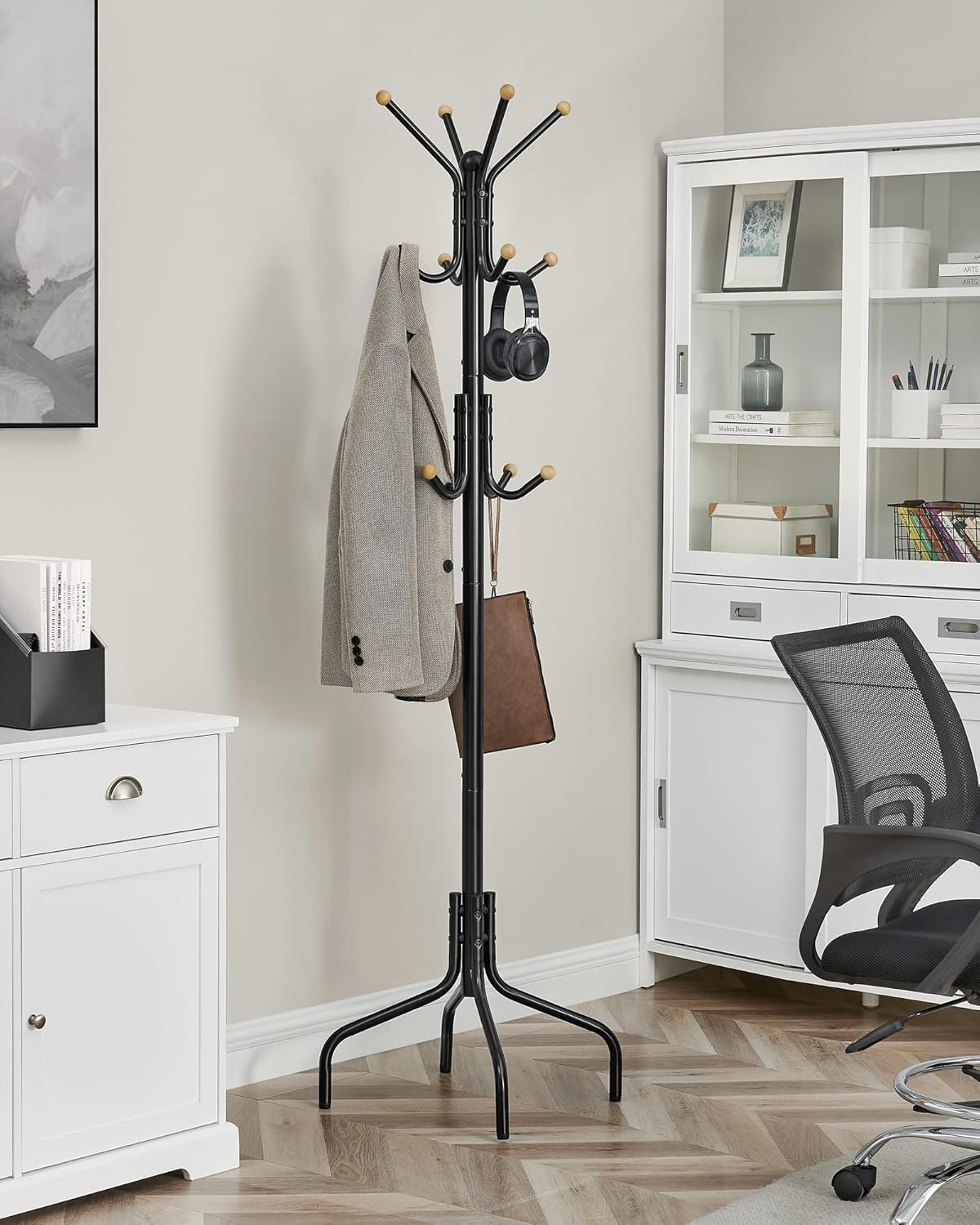 SONGMICS Cuier metalic cu 12 agatatori, suport haine tip pom, 55x55x180 cm, negru