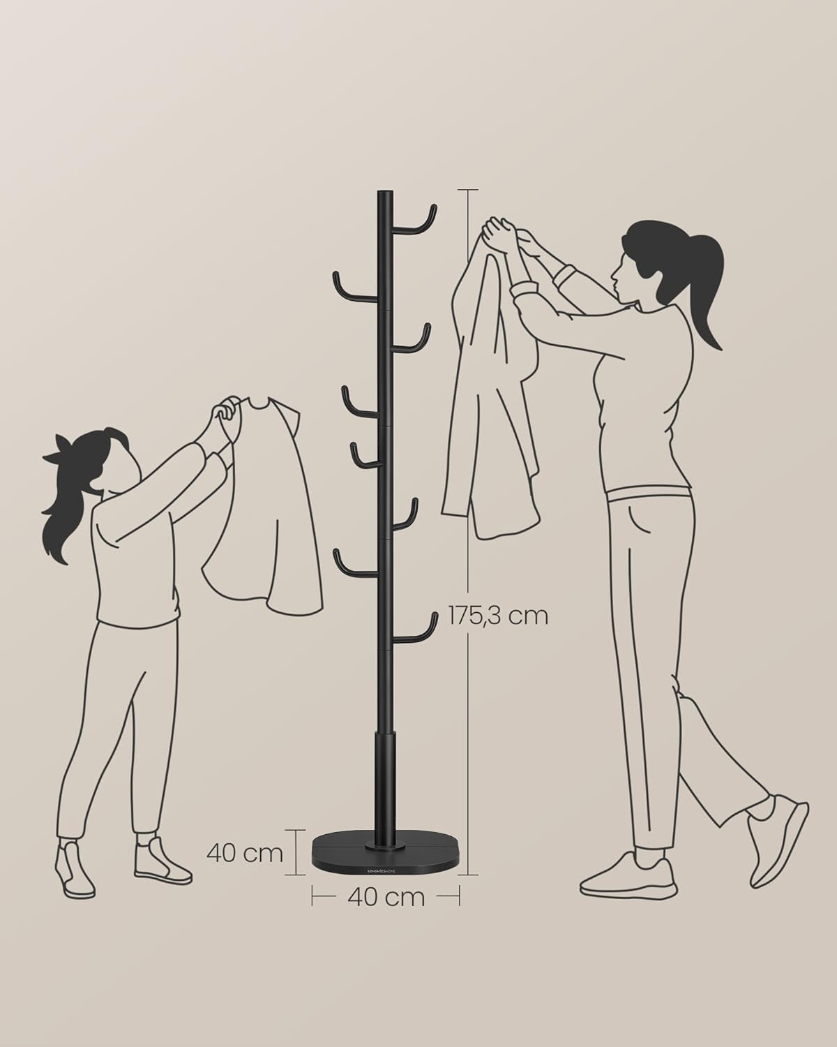 SONGMICS Cuier de podea, cu 8 carlige rezistente, pentru haine, palarii si genti, 175 cm, negru