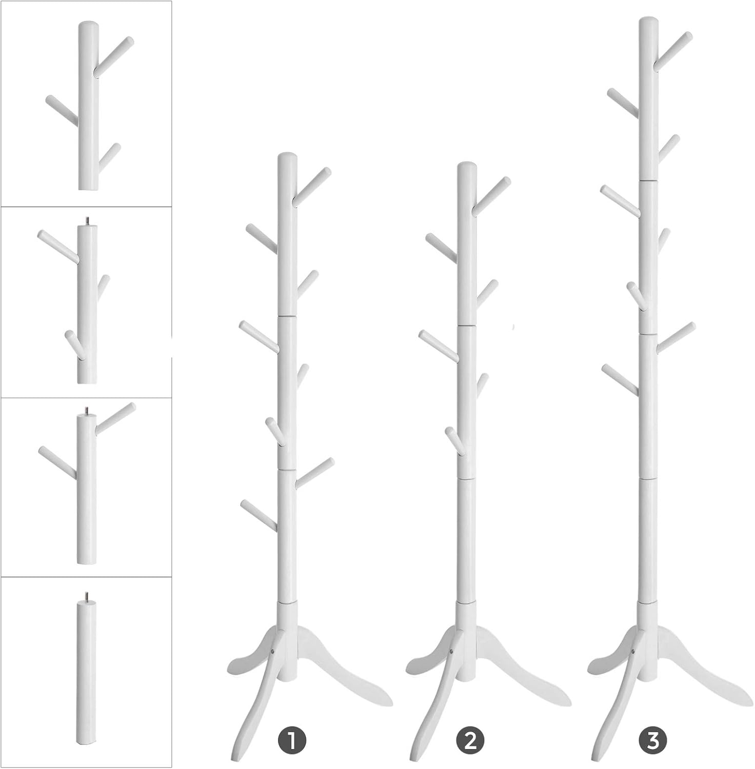 VASAGLE Cuier din lemn masiv, 8 carlige, ajustabil pe 3 inaltimi, design tip copac, 57x175 cm, alb