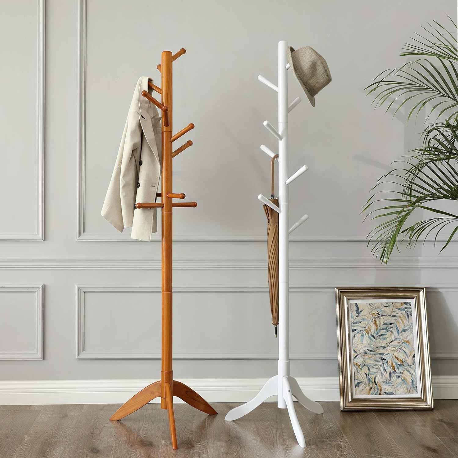 VASAGLE Cuier din lemn masiv, 8 carlige, ajustabil pe 3 inaltimi, design tip copac, 57x175 cm, alb