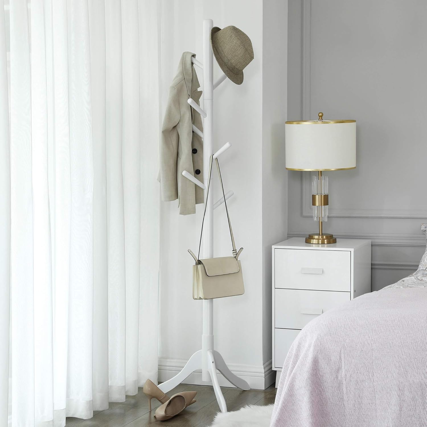 VASAGLE Cuier din lemn masiv, 8 carlige, ajustabil pe 3 inaltimi, design tip copac, 57x175 cm, alb
