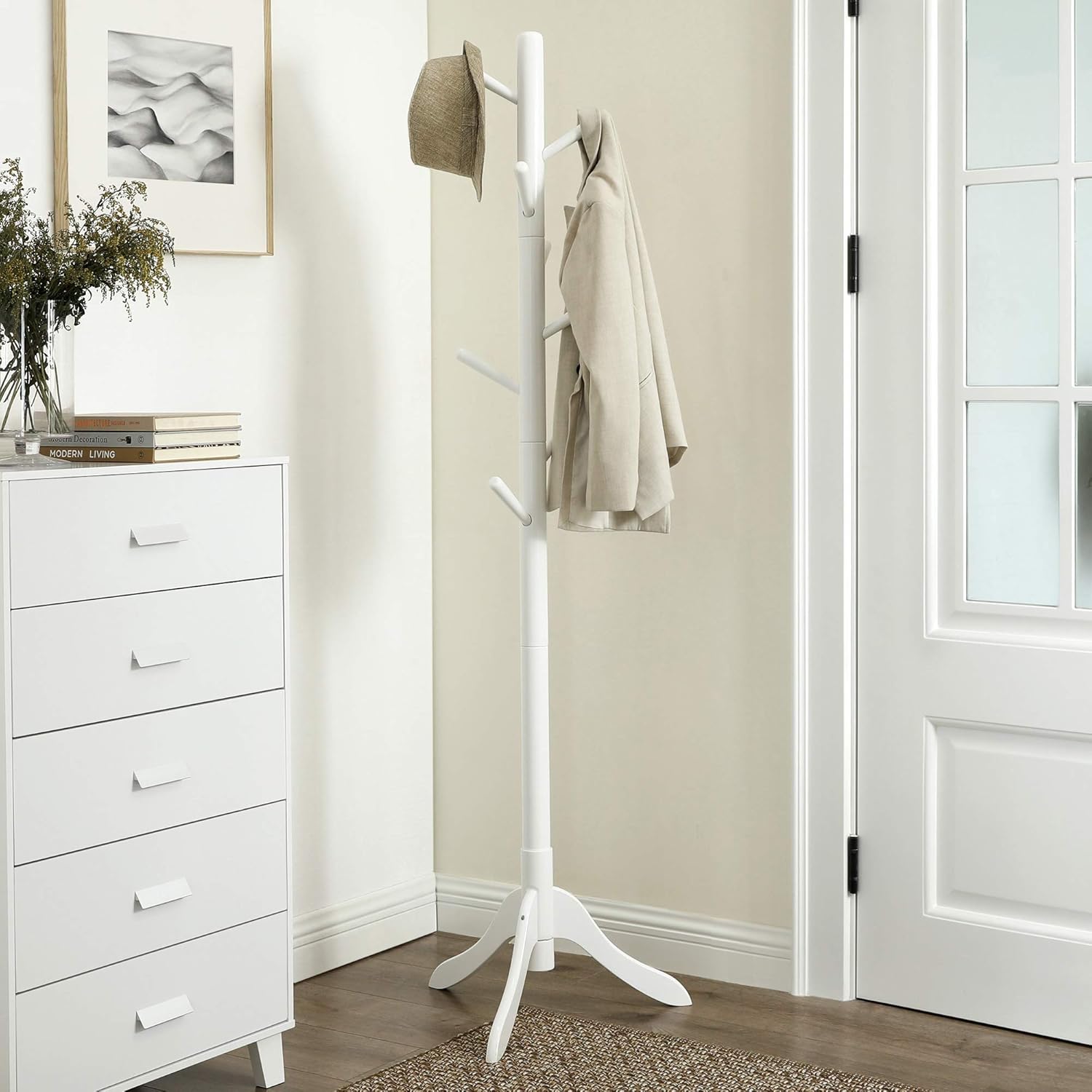 VASAGLE Cuier din lemn masiv, 8 carlige, ajustabil pe 3 inaltimi, design tip copac, 57x175 cm, alb