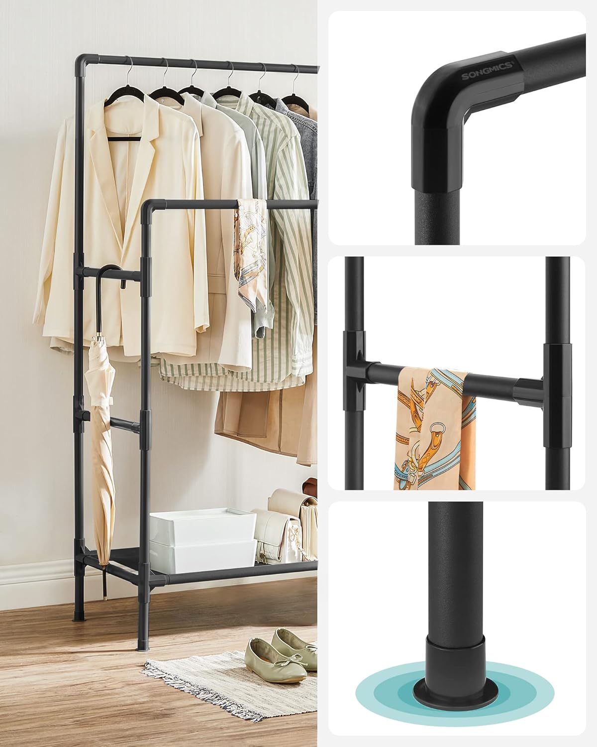SONGMICS Raft de haine din metal, cu 2 bare de haine si 1 raft, stil industrial, 45x83x157cm, negru