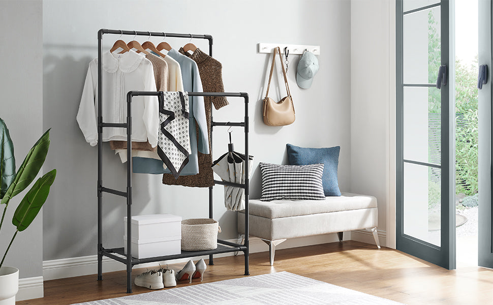 SONGMICS Raft de haine din metal, cu 2 bare de haine si 1 raft, stil industrial, 45x83x157cm, negru