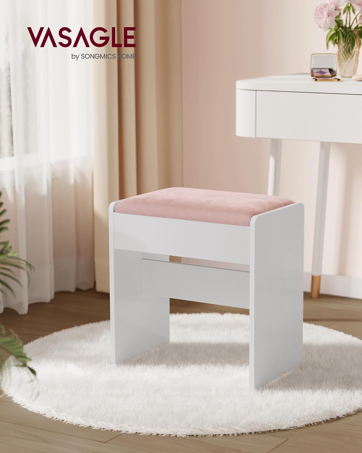VASAGLE Taburet masa toaleta tapitat cu catifea, picioare cu protectii, 29x45x45 cm, alb si roz