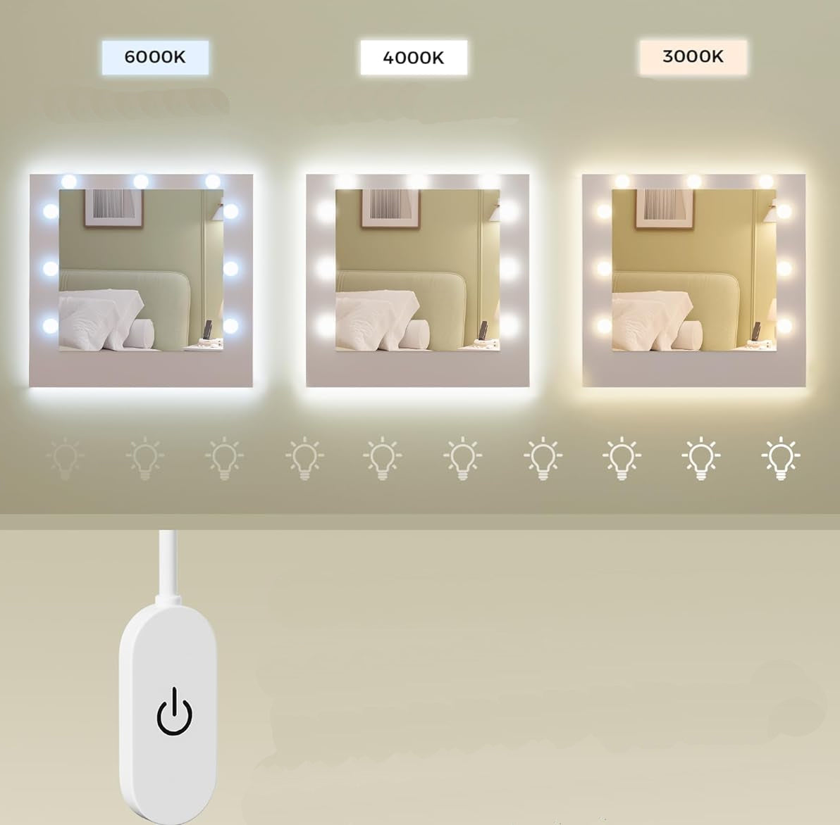 VASAGLE Masa de toaleta Kailyn cu oglinda, iluminare LED reglabila, priza integrata AC si USB, fronturi MDF, 40x107x144 cm, alb