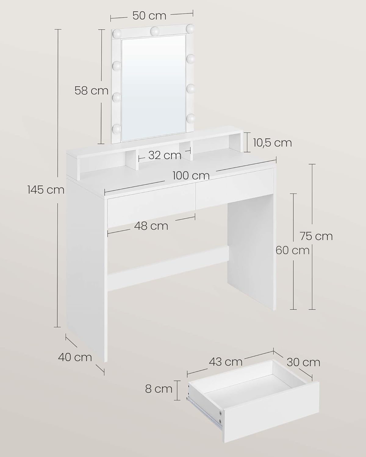 VASAGLE Masa de toaleta cu oglinda LED cu luminozitate reglabila, 2 sertare si 3 compartimente, 100x40x145 cm, alb
