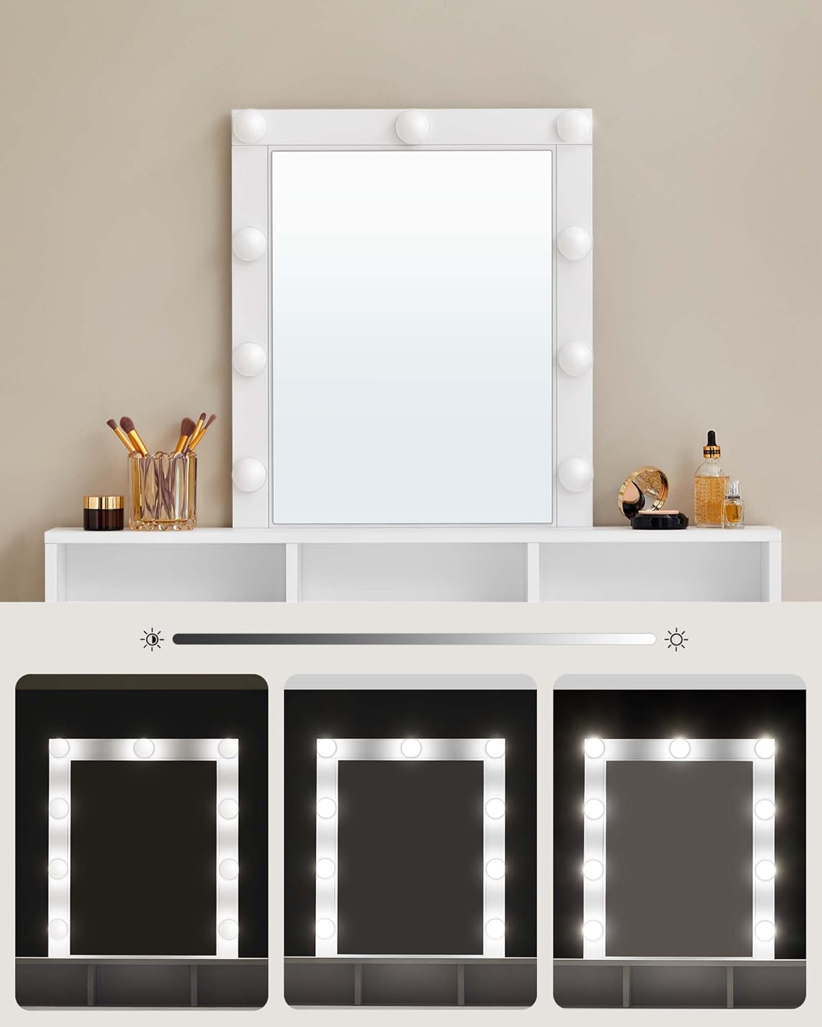 VASAGLE Masa de toaleta cu oglinda LED cu luminozitate reglabila, 2 sertare si 3 compartimente, 100x40x145 cm, alb