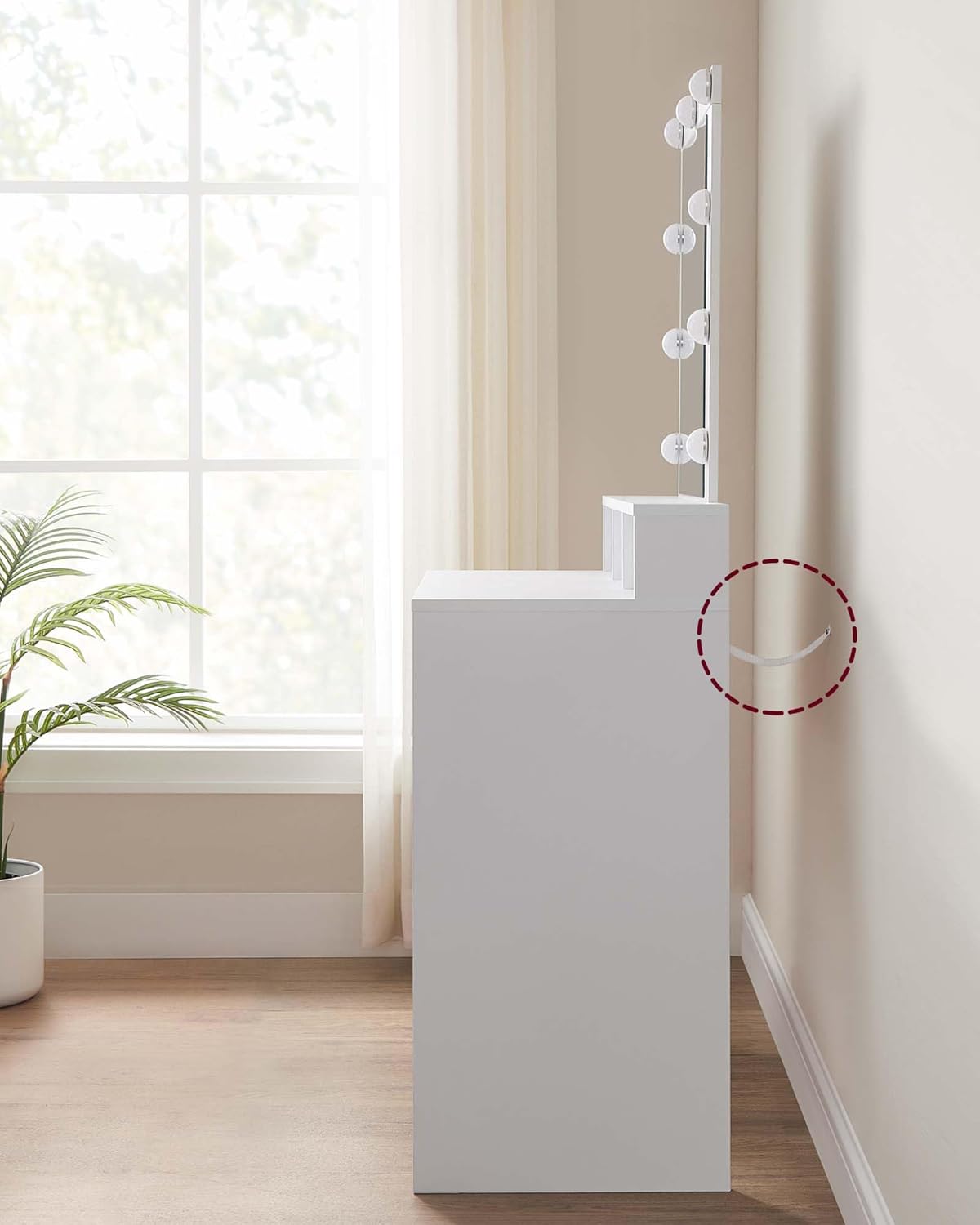 VASAGLE Masa de toaleta cu oglinda LED cu luminozitate reglabila, 2 sertare si 3 compartimente, 100x40x145 cm, alb