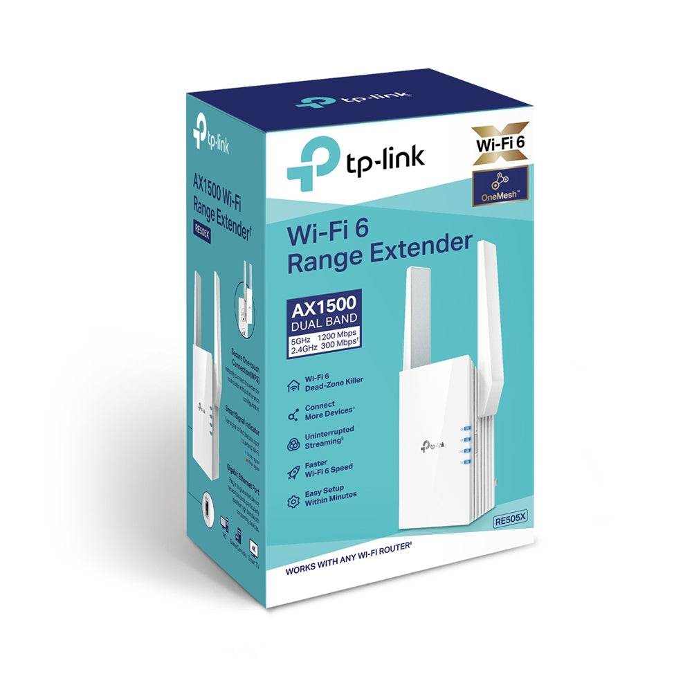 RANGE EXTENDER TP-LINK wireless 1500Mbps, 1 port Gigabit, 2 antene externe, 2.4 / 5Ghz dual band, Wi-Fi 6, "RE505X"