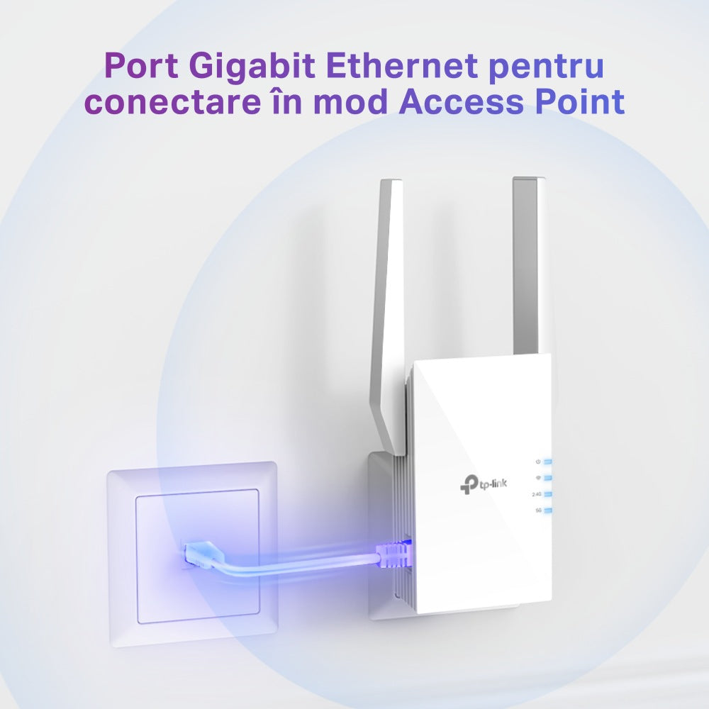 RANGE EXTENDER TP-LINK wireless 1500Mbps, 1 port Gigabit, 2 antene externe, 2.4 / 5Ghz dual band, Wi-Fi 6, "RE505X"