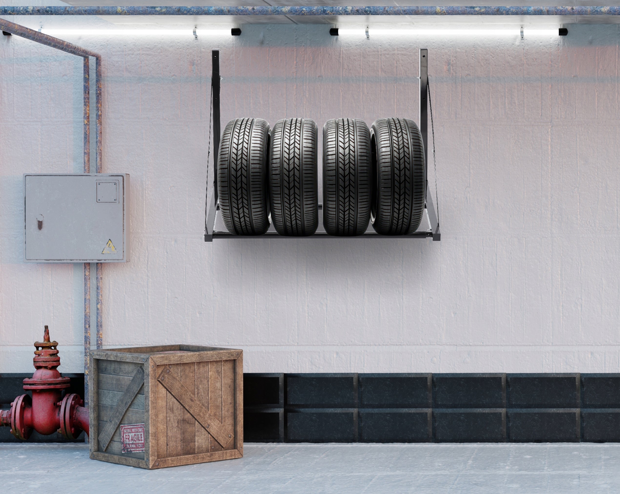 Suport suspendat pentru anvelope reglabil, montaj pe perete cu kit instalare inclus, 120x56x50 cm, negru