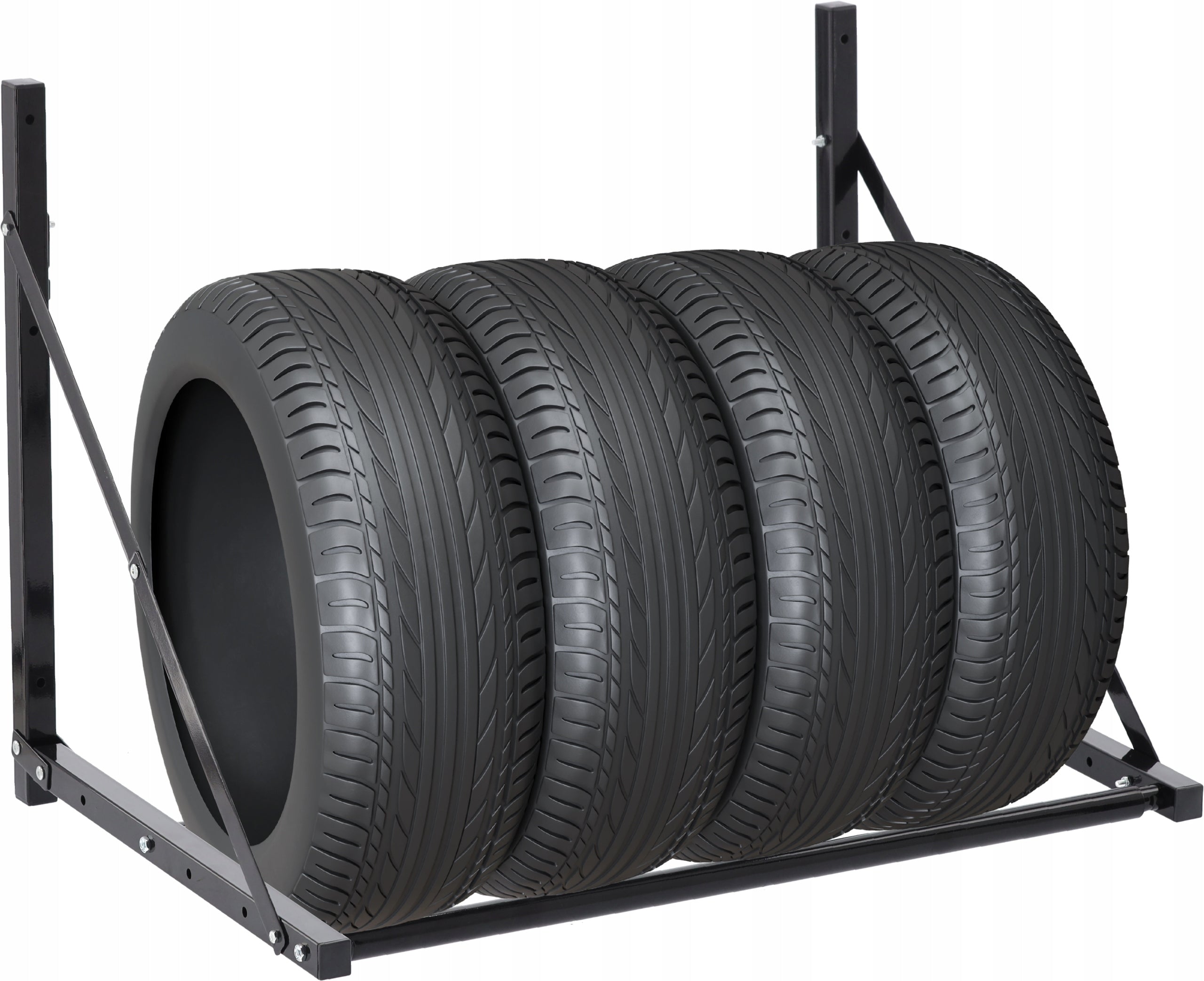 Suport suspendat pentru anvelope reglabil, montaj pe perete cu kit instalare inclus, 120x56x50 cm, negru