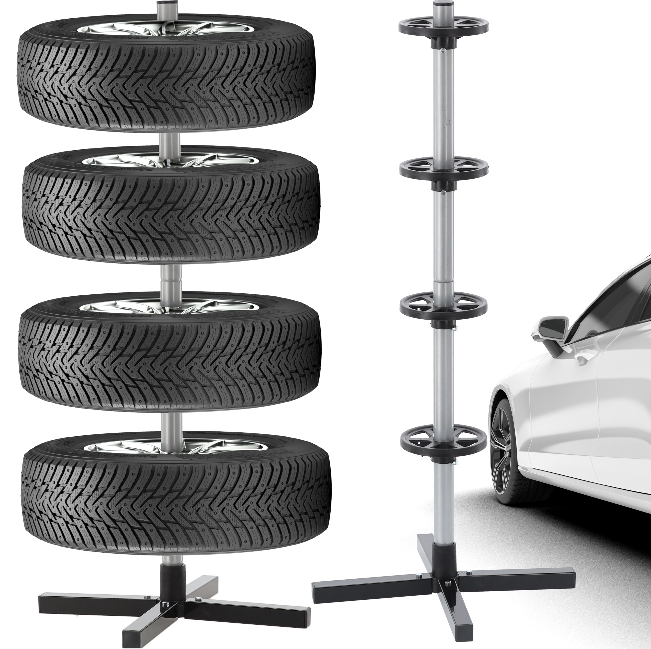 Suport depozitare anvelope 4 roti, cadru metalic, 45x45x105 cm, capacitate 100 kg, negru