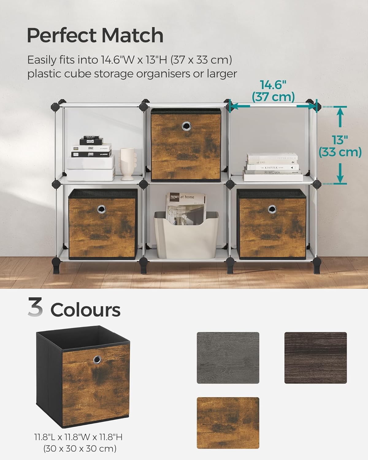 SONGMICS Set 6 cutii de depozitare, pliabile cu maner, material textil si oxford, 30x30x30 cm, maro rustic