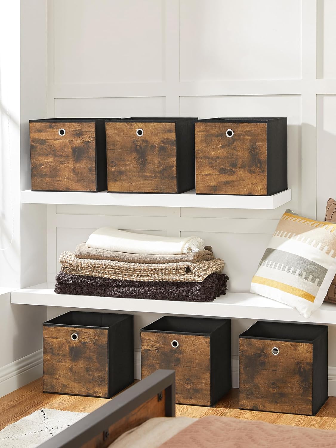 SONGMICS Set 6 cutii de depozitare, pliabile cu maner, material textil si oxford, 30x30x30 cm, maro rustic