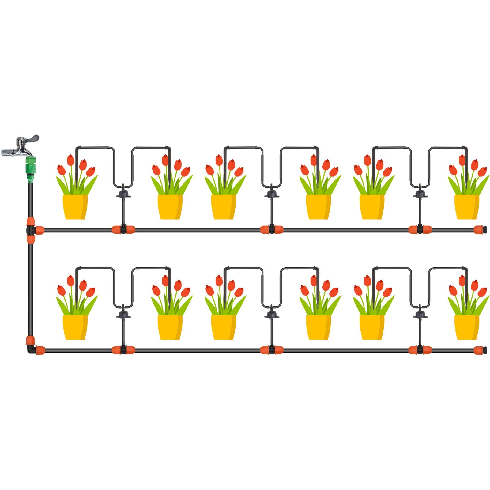Set irigare gradina cu furtun PVC si picuratori, furtun 2 x 10 metri, 10 picuratori stick cu tub, negru