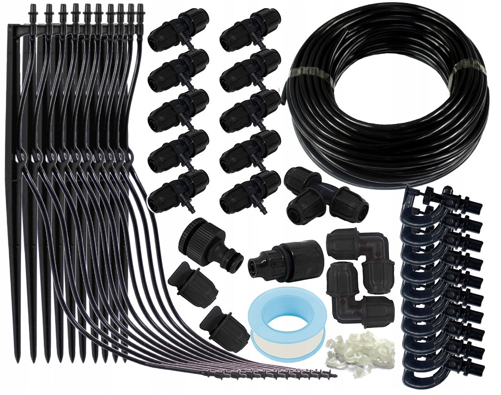 Set irigare gradina cu micro-aspersoare rotative, furtun PVC 30 metri, sistem udare plante si sere, negru